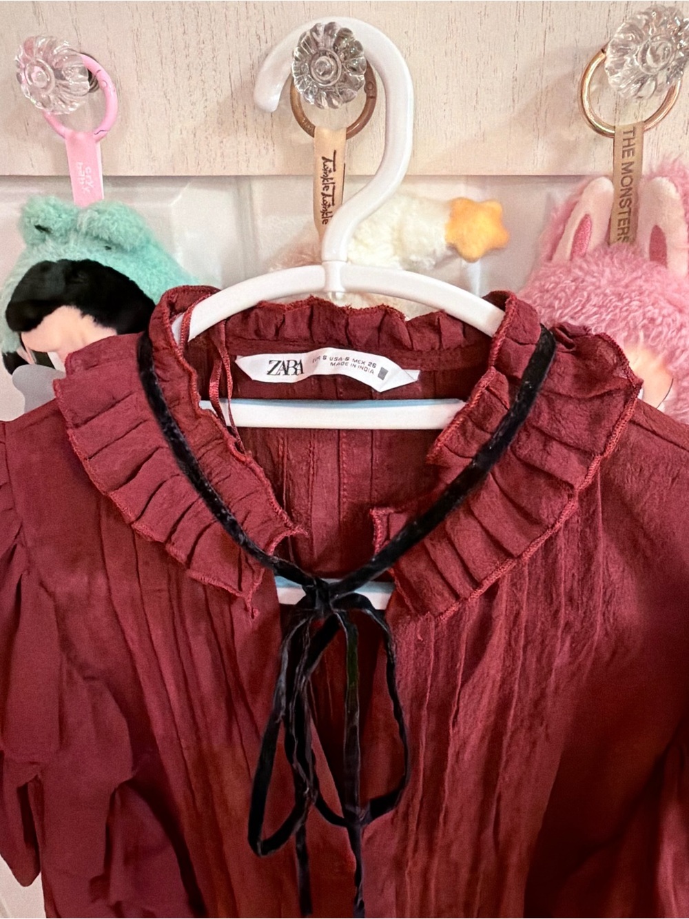 Zara Ruffled Tie-Neck Sheer Blouse - Burgundy - Picture 7 of 8